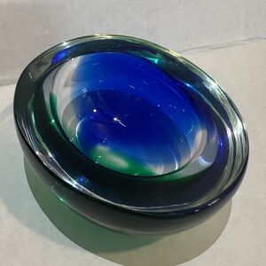 Vetreria Artistica Oball Murano Sommerso Blue & Green Glass Geode Bowl Signed